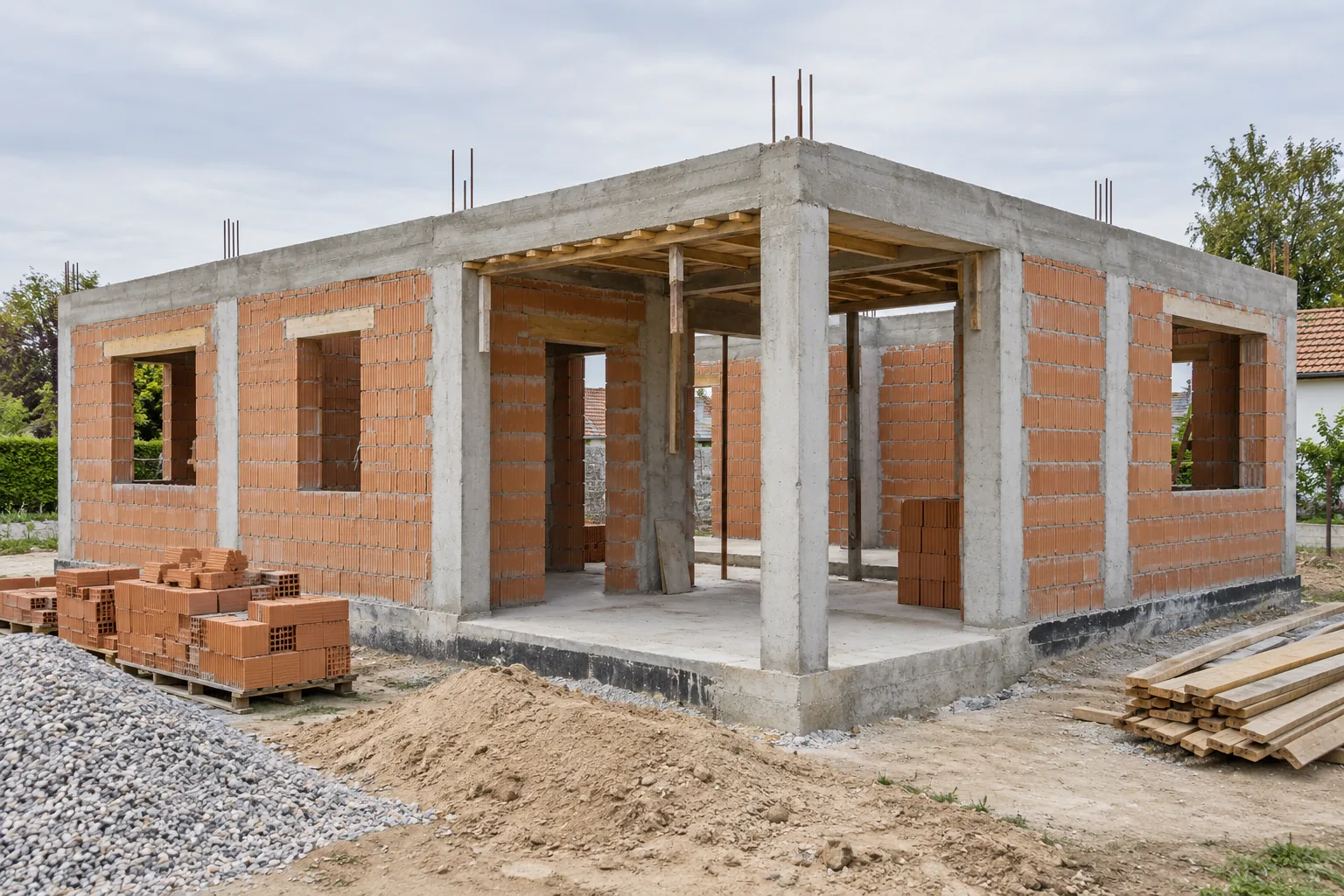 Vivienda en construcción, con muros de ladrillo y columnas de hormigón.