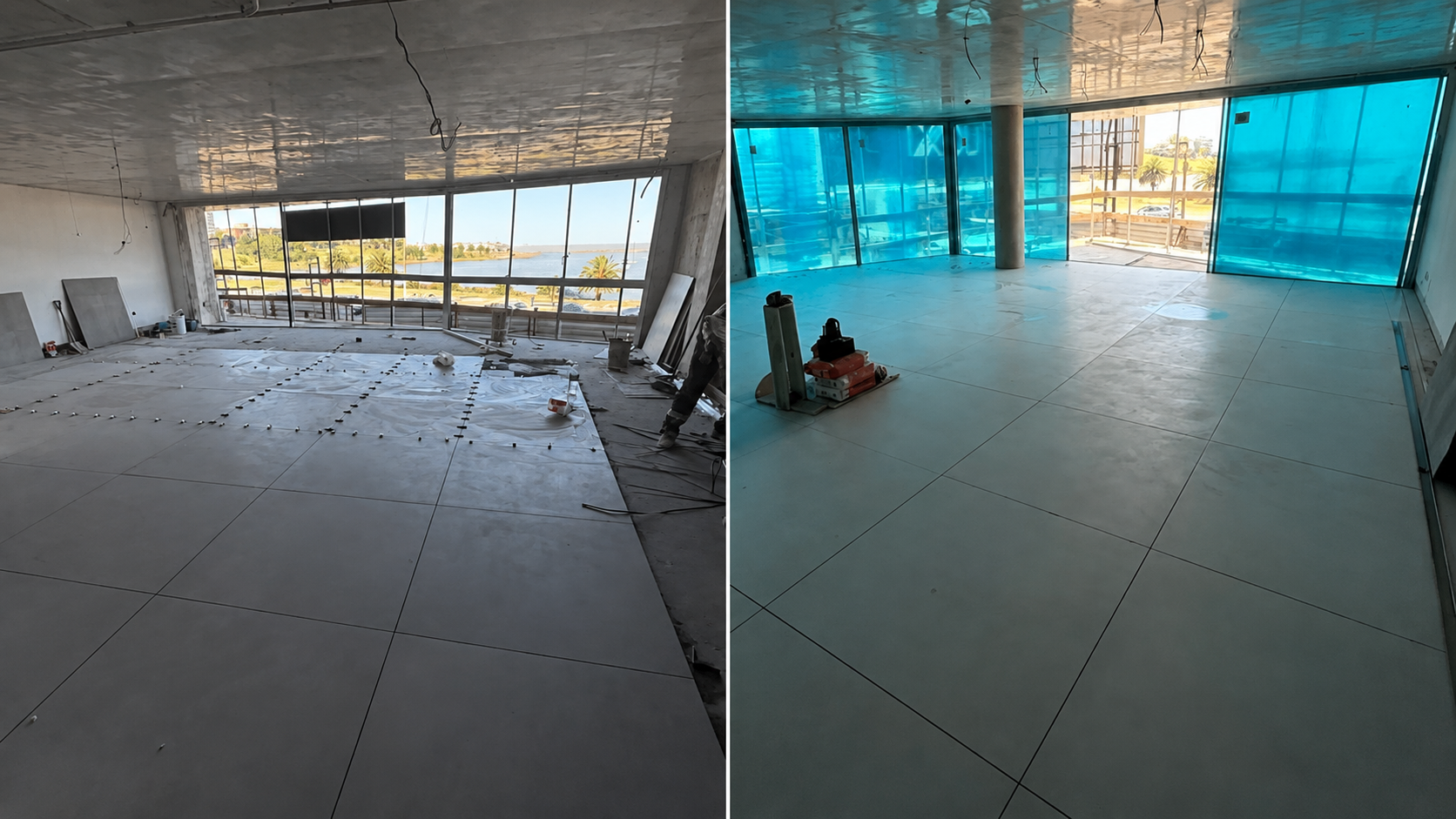 Comparativa de un ambiente durante los trabajos de terminación y en una etapa posterior de la obra.