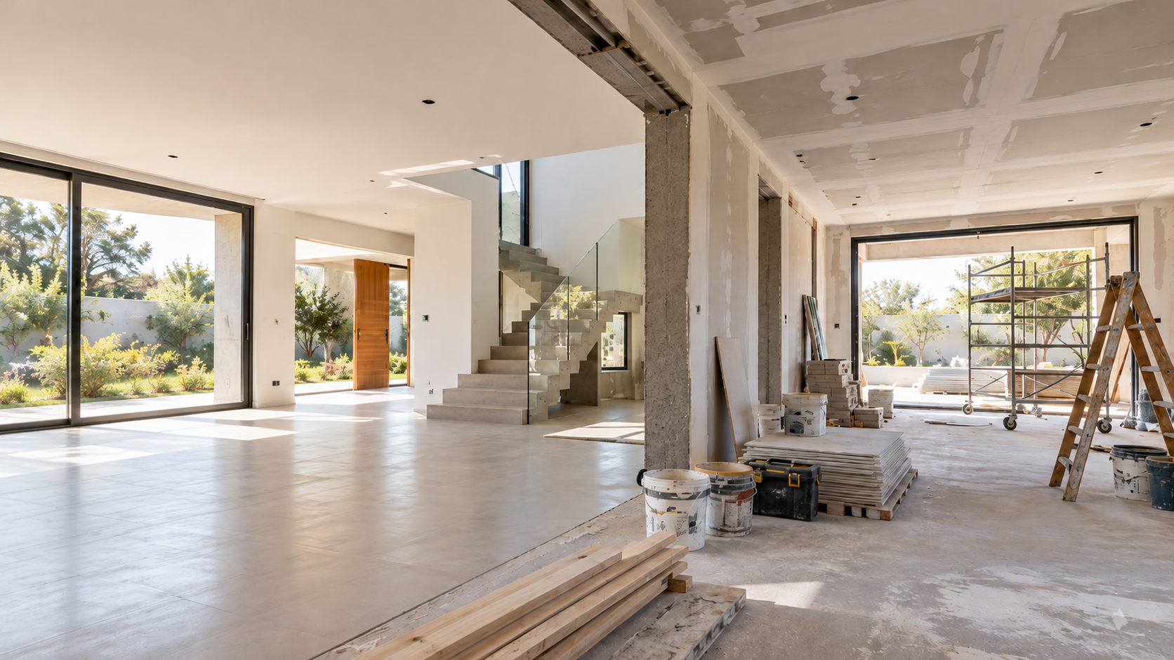 Interior de una vivienda en proceso de reforma, con herramientas y materiales de construcción.