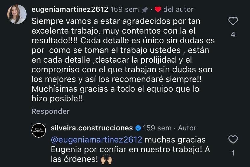 Comentario de eugeniamartinez2612: «Siempre vamos a estar agradecidos por tan excelente trabajo, muy contentos con la el resultado!!!! Cada detalle es único sin dudas es por como se toman el trabajo ustedes , están en cada detalle ,destacar la prolijidad y el compromiso con el que trabajan sin dudas son los mejores y así los recomendaré siempre!! Muchísimas gracias a todo el equipo que lo hizo posible!!»