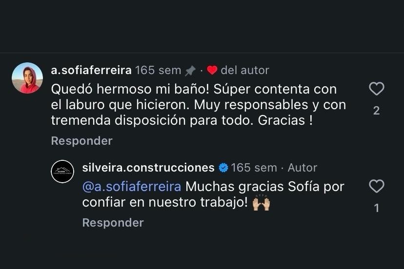 Comentario de a.sofiaferreira: «Quedó hermoso mi baño! Súper contenta con el laburo que hicieron. Muy responsables y con tremenda disposición para todo. Gracias !»